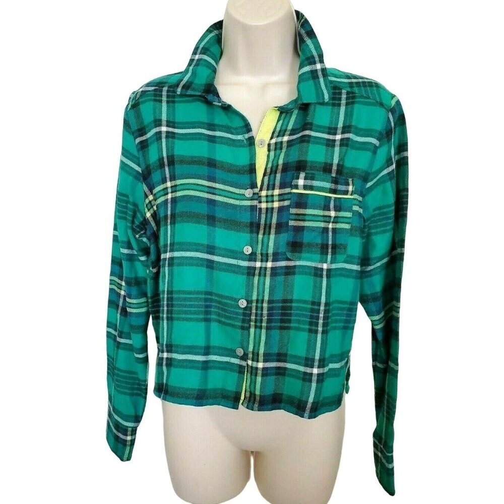Colsie PJ Top Button Up Long Slv Night Shirt Womens XS Green Plaid Flannel NEW